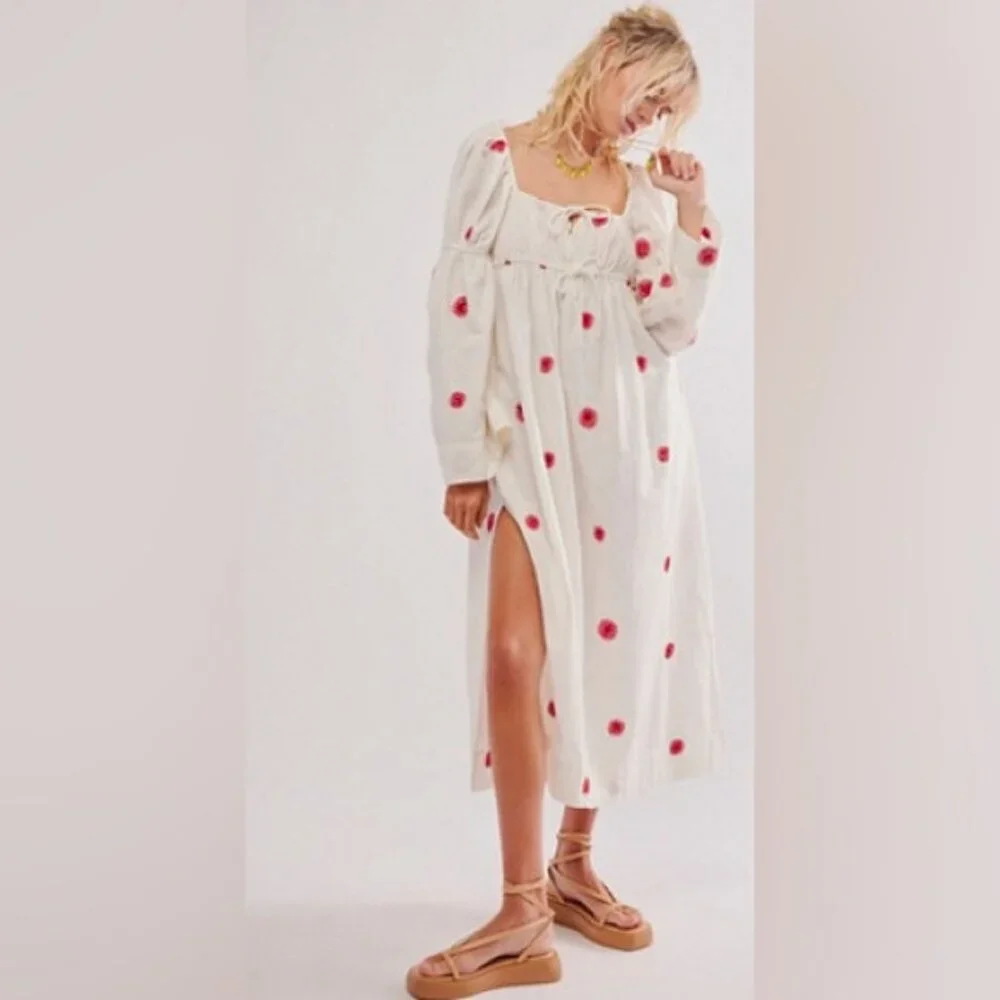 FREE‎ PEOPLE NWOT LINEN Blend EMORY EMBROIDERED MIDI DRESS Slit Side LS IVORY L